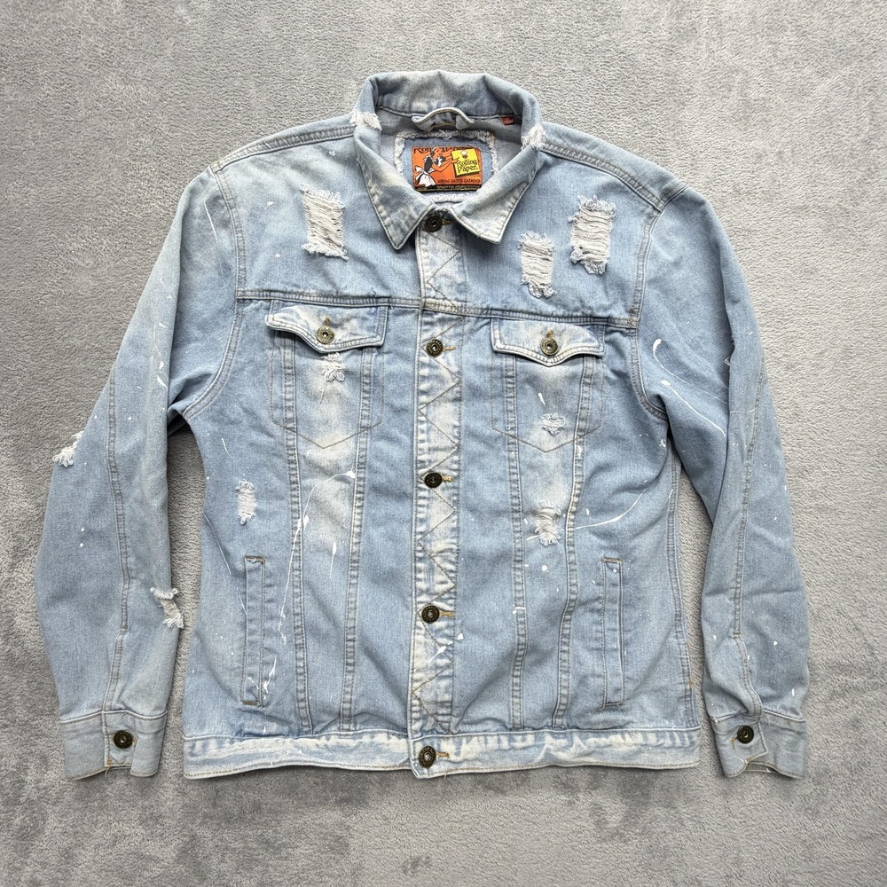 Rolling Paper Jacket Mens XL Blue Denim Biker Collared Unlined Distressed
